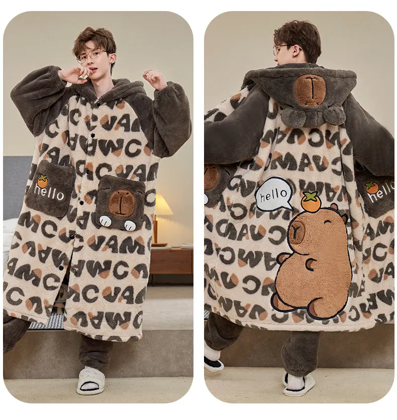 One Piece Luffy Bathrobe Anime Winter Men Coral Fleece Long Style Thicken Robe Pants Set Cartoon Hooded Home Loungewear Pajamas view 6