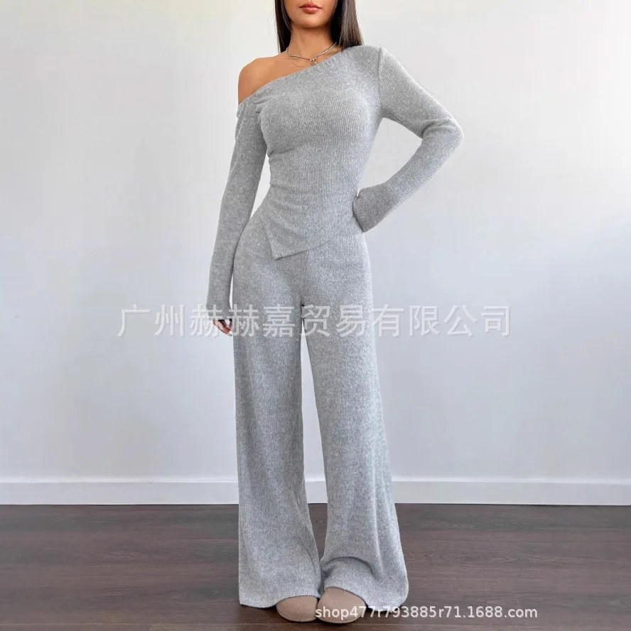 

Women's Matching Sets Knitted Solid Color Sloping Shoulders Long Sleeve Slim Top And Wide Leg Pants Commuting All-match Suit