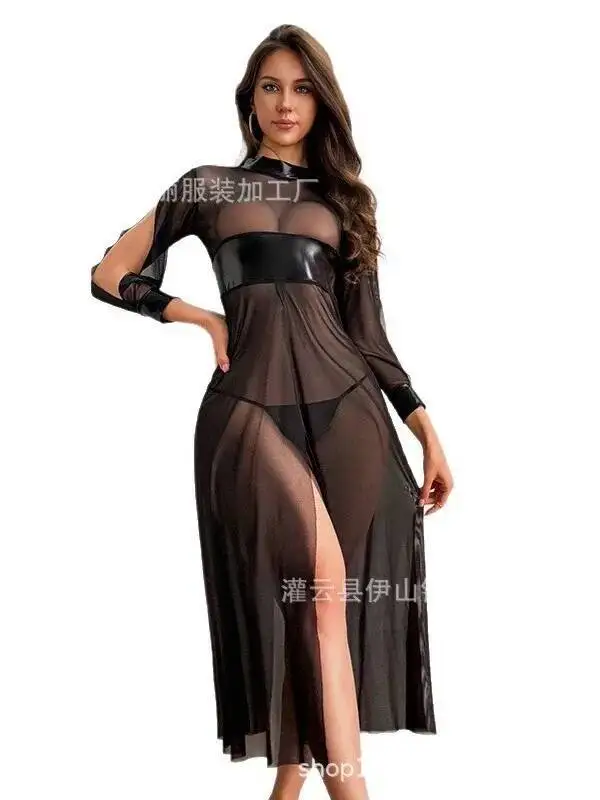 新しい ‌ セクシーな黒のメッシュシースルーロングスリーブドレス、ハイ スリット入りエロティックガウン、透明感のあるピュアな欲望の美しいドレス、チャーム593Z