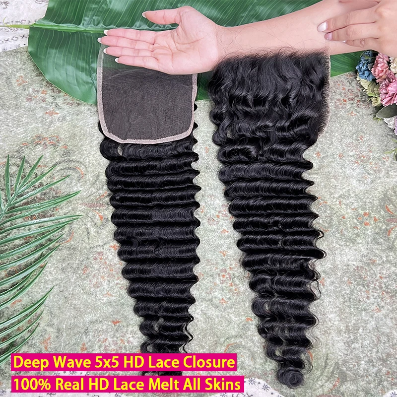 

Deep Wave 5x5 HD Lace Closure Invisible HD Lace Melt Skin PrePlucked Bleached Knots 100% Raw Virgin Human Hair #1B Natural Color