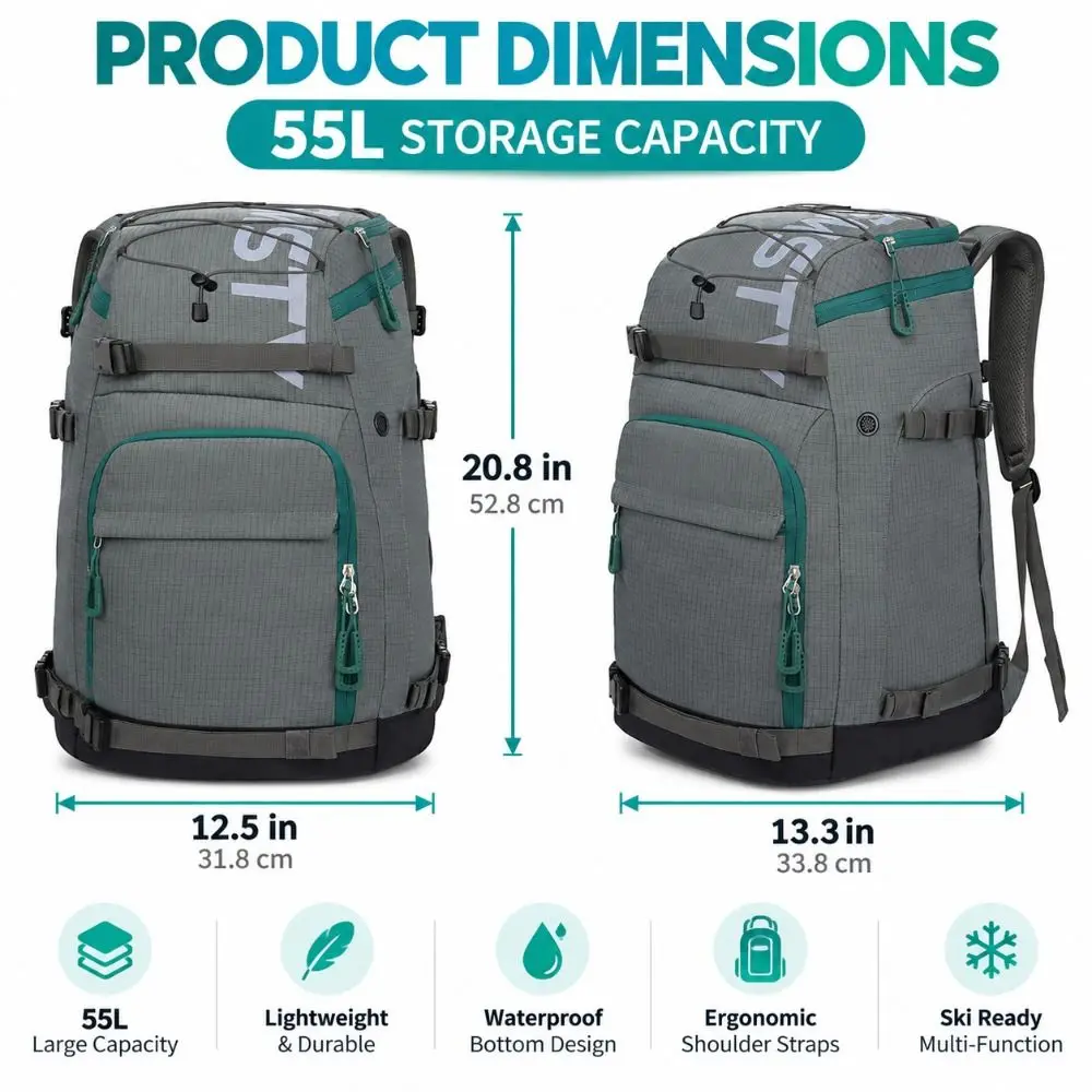 55L Capacity Ski Boot Bag Non-Slip Bottom Ventilated Ski Gear Backpack Adjustable Straps Waterproof Standing Mat