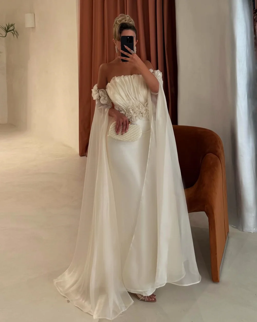 

Customized Intricate Matching Organza Draped Handmade Flower A-line Off-the-shoulder Long Dresses Bespoke Occasion Dresses Retro
