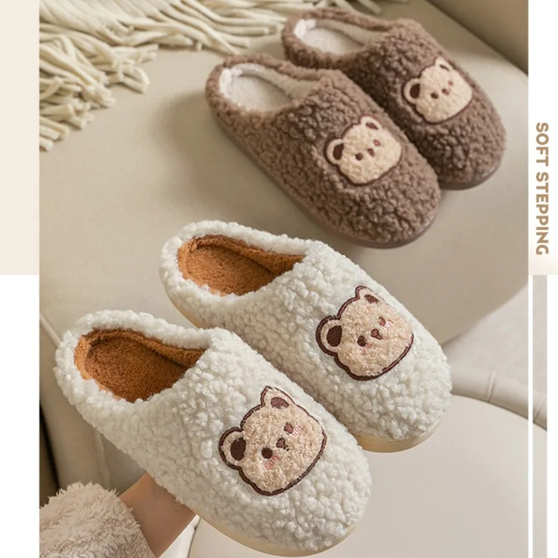 House Slipper Womens Teddy Bear flip flops Winter Warm Cartoon Kawaii Plush Indoor Home Shoes Flat Funny Fuzzy Female slides