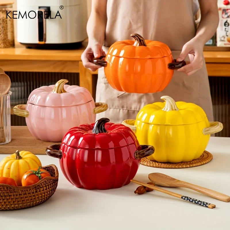 Ceramic Pumpkin-Shaped Dutch Oven Pots with Lids, Perfect for Halloween Desserts And Baking, Featuring a Cute Pumpkin Design