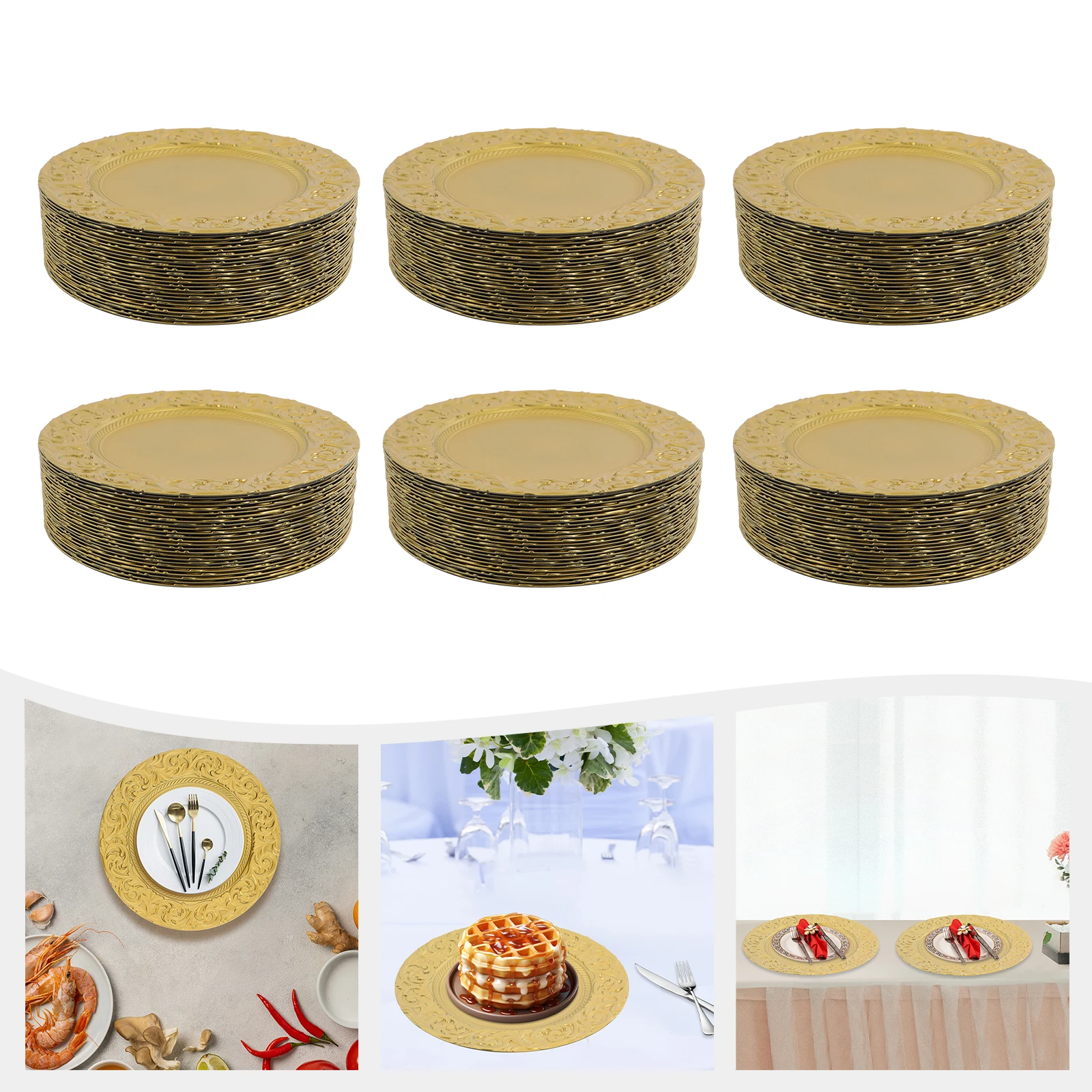 

150Pcs Plastic Charger Plates,Gold Round Tabletop Charger Plates 33*2cm for Weddings,Banquets