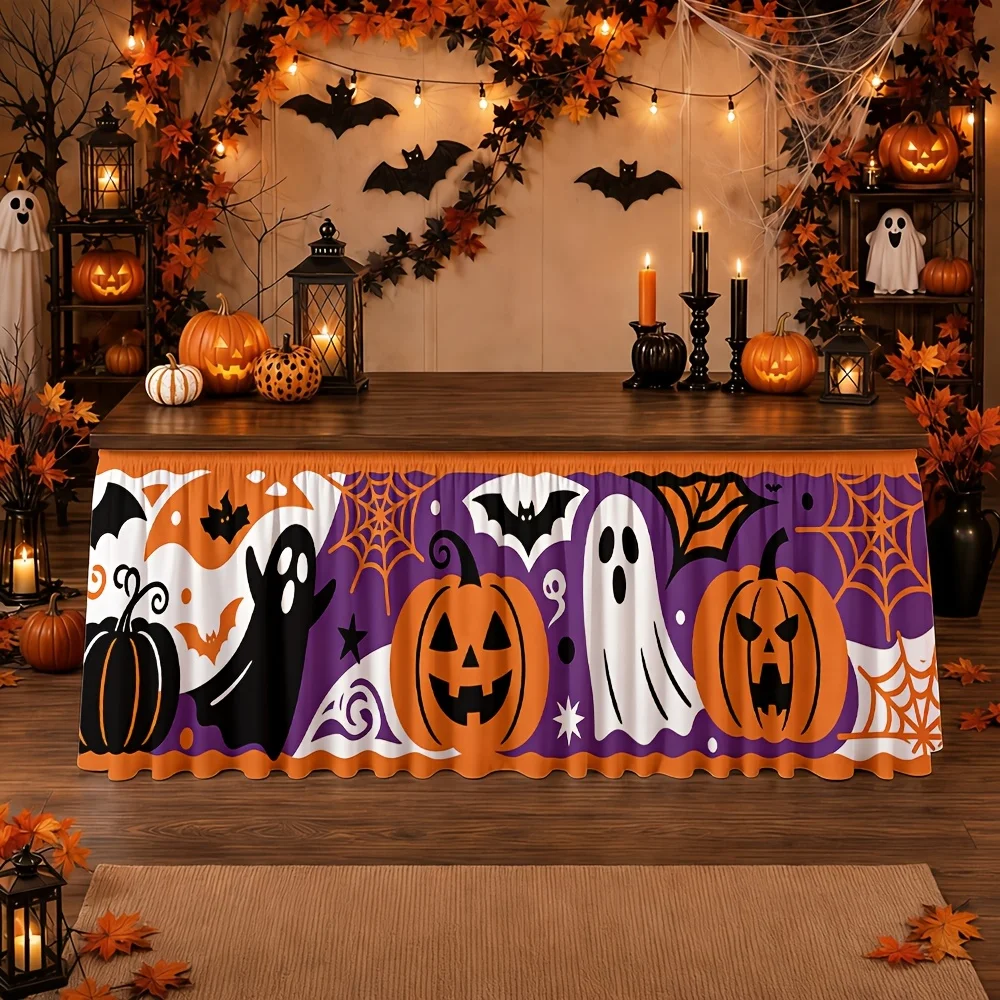 Tablecloth / Tablecloth Background Theme: Halloween. Terrifying pumpkins, ghostly spirits, bats, spiders, orange, purple.