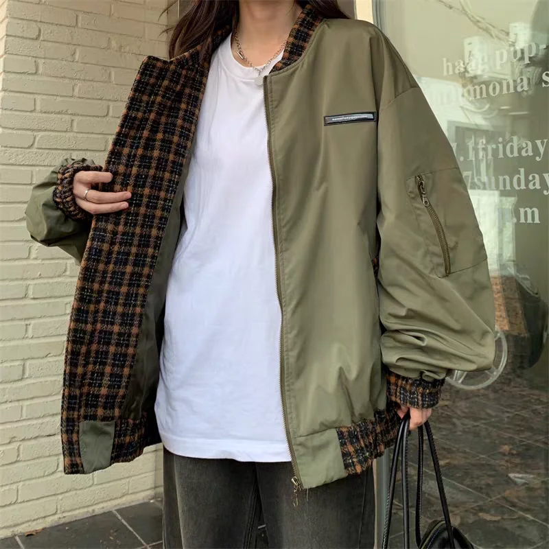 

Bomber Jackets Womens Jacket Red Autumn Preppy Campus Uniforms College Students Study Cleanfit Matching Plaid Checkered Outdoors