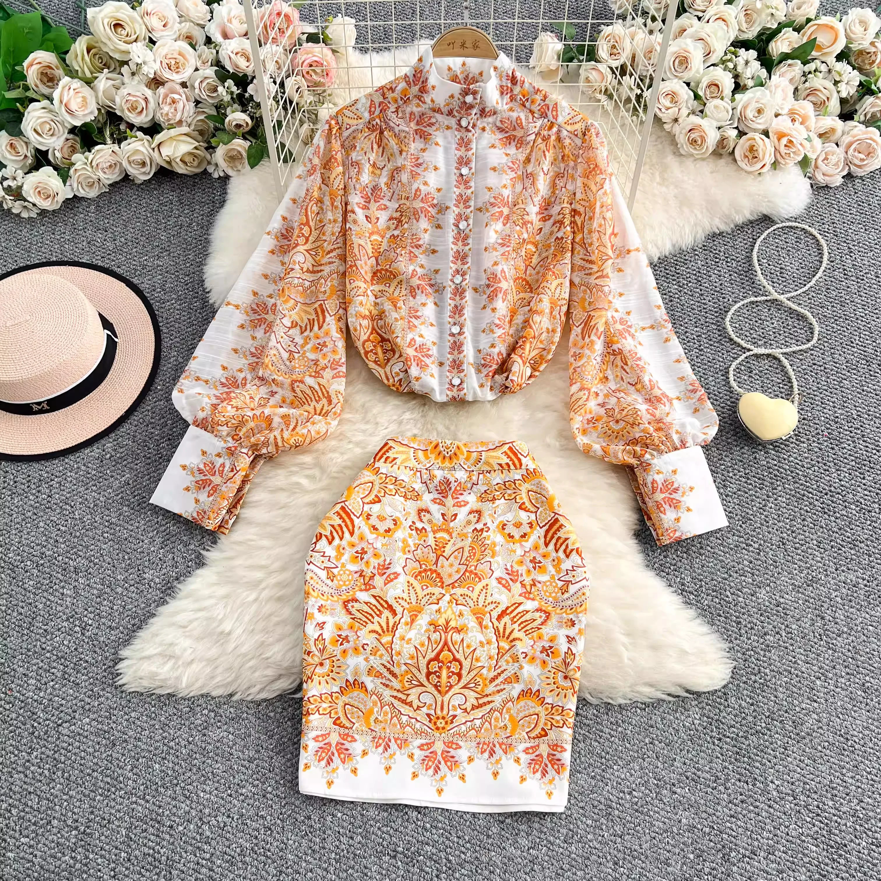 

Elegant Lantern Sleeve Vintage Chic Print Breasted Top Slim High Waist Mini Skirt French Vacation High Street Spring Sets