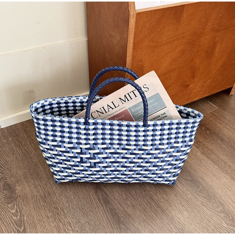 Handgefertigte Colorblock-Webtasche, Damen-Sommer-Tragetasche, Sommer-Einkaufstasche für Strandurlaub, Picknick, Haustiertransport – Detail 11