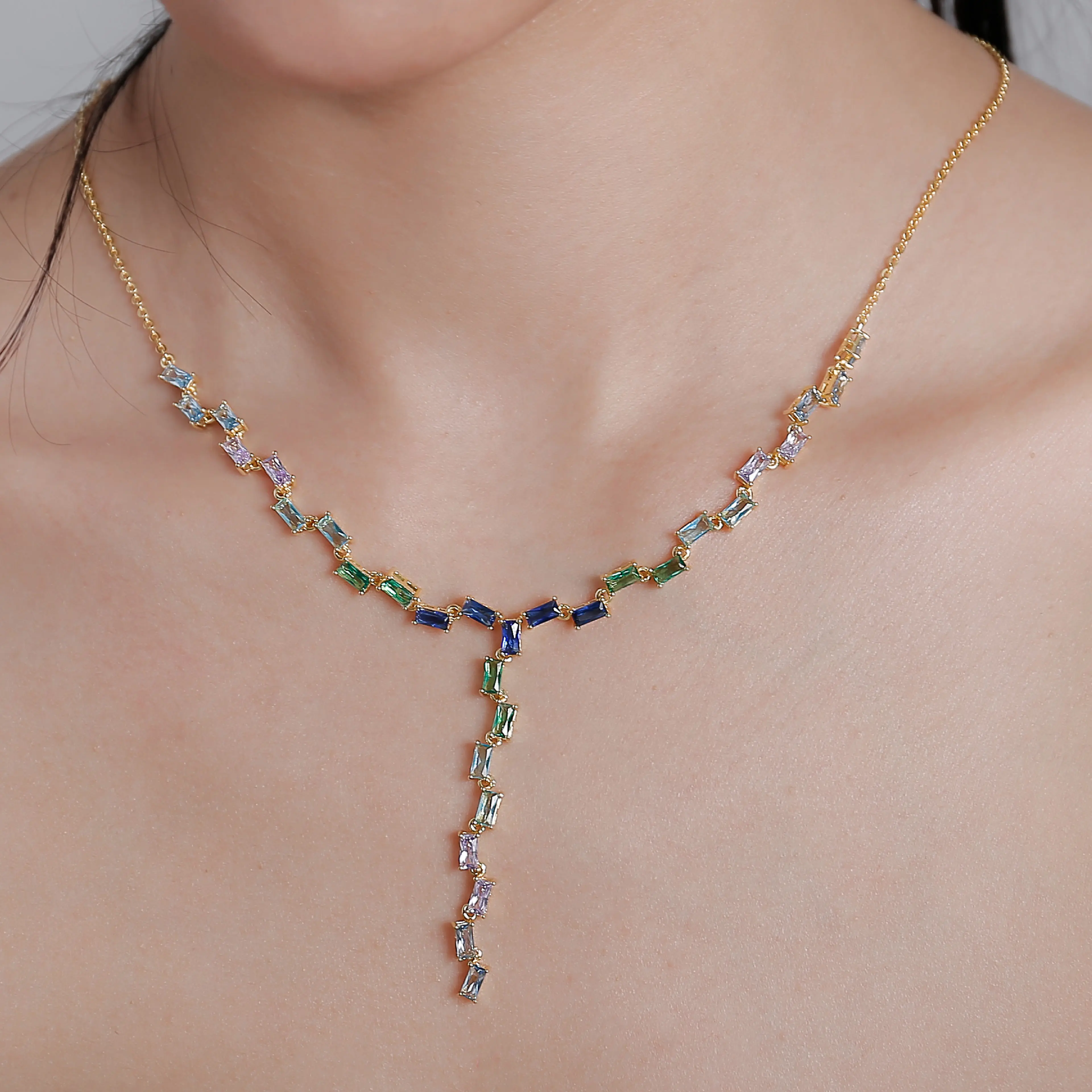 TKJ Geometry Emerald Cut Cubic Zirconia Diamond Necklace Blue Gemstone 925 Sterling Silver Chain for Women Friendship Jewelry