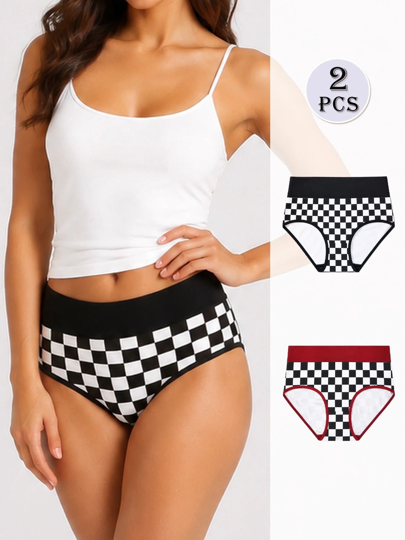 BANNIROU 2-Pack Women's Cotton Mid-Waist Underwear, Comfortable Breathable Printed Plaid Triangle Pants, Soft and Durable