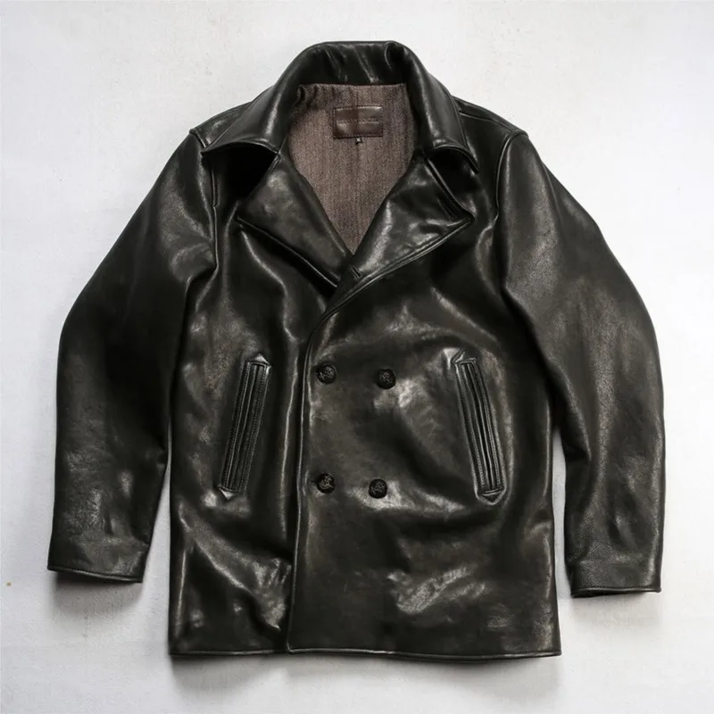 Leather coat men's lapel double-row horn heavy-washed fully vegetable-tanned