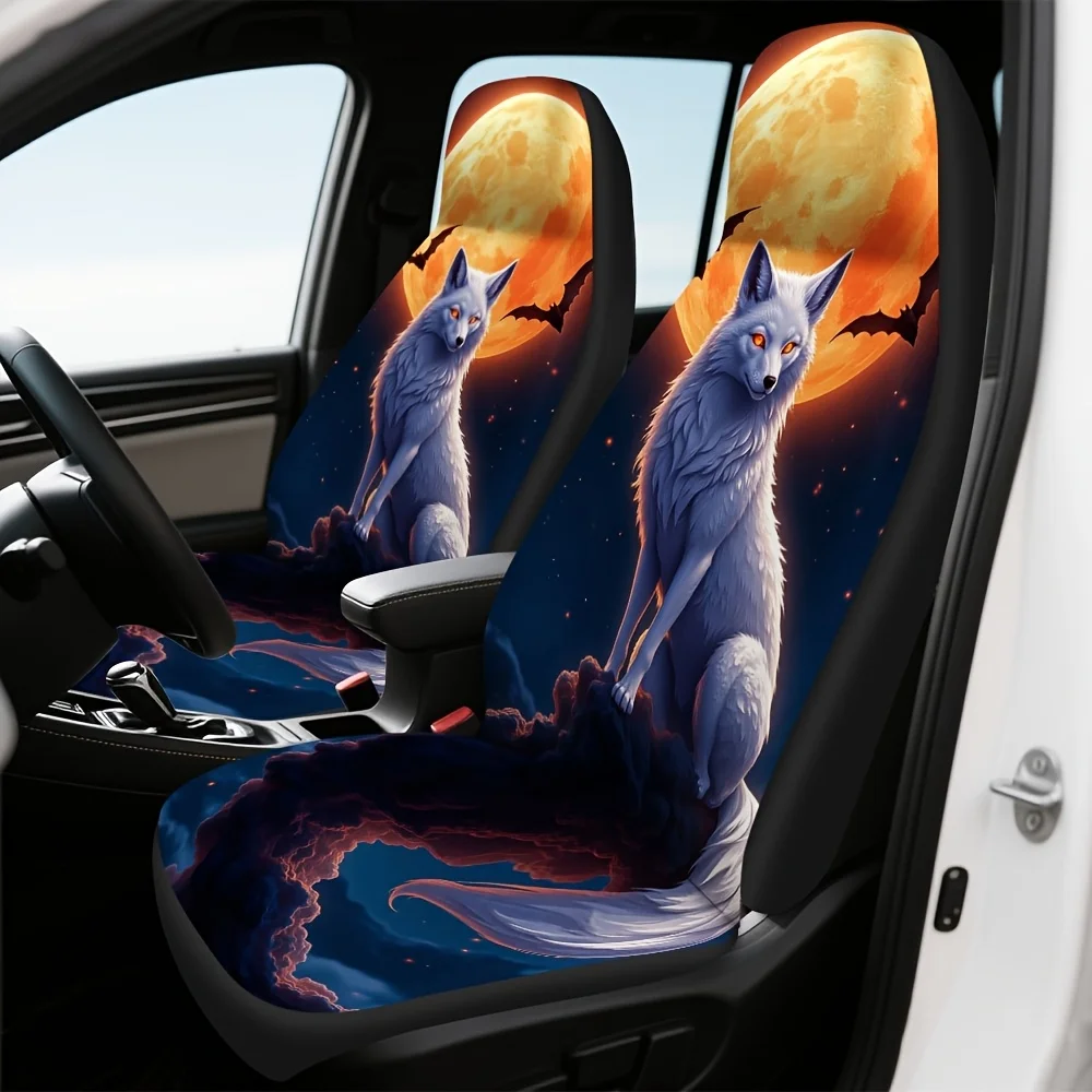 2pcs Fantasy Fox Moon Art Front Seat Covers - Durable Polyester, Machine Washable, Fits Driver & Passenger Seats, Enhances Origi