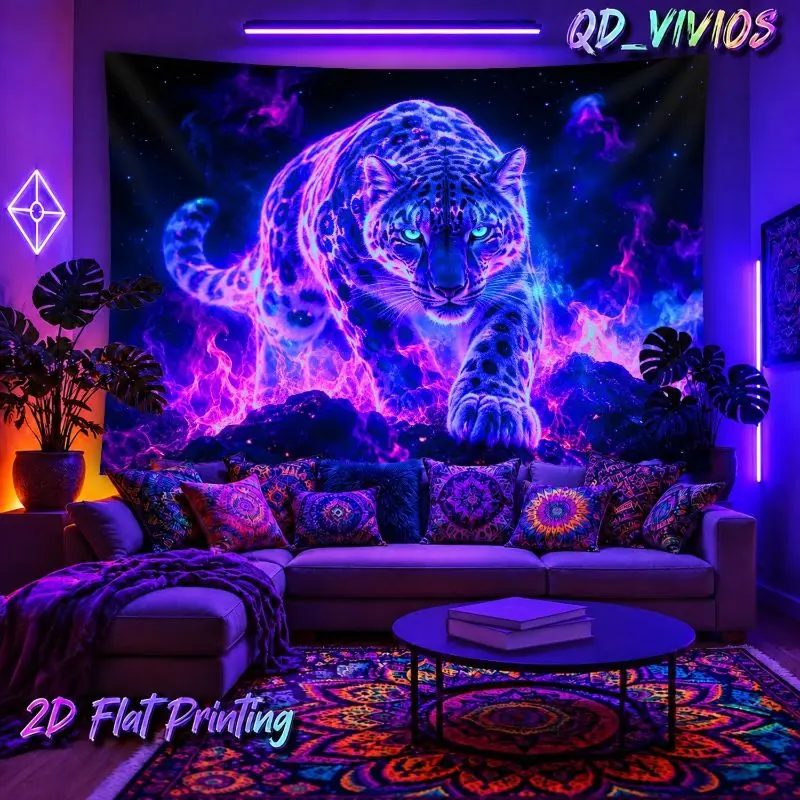 VIKAMA Galaxy Snow Leopard Tapestry Neon Cosmic Flame Polyester Wall Hanging Aesthetic Bedroom Dorm Living Room Home Decor