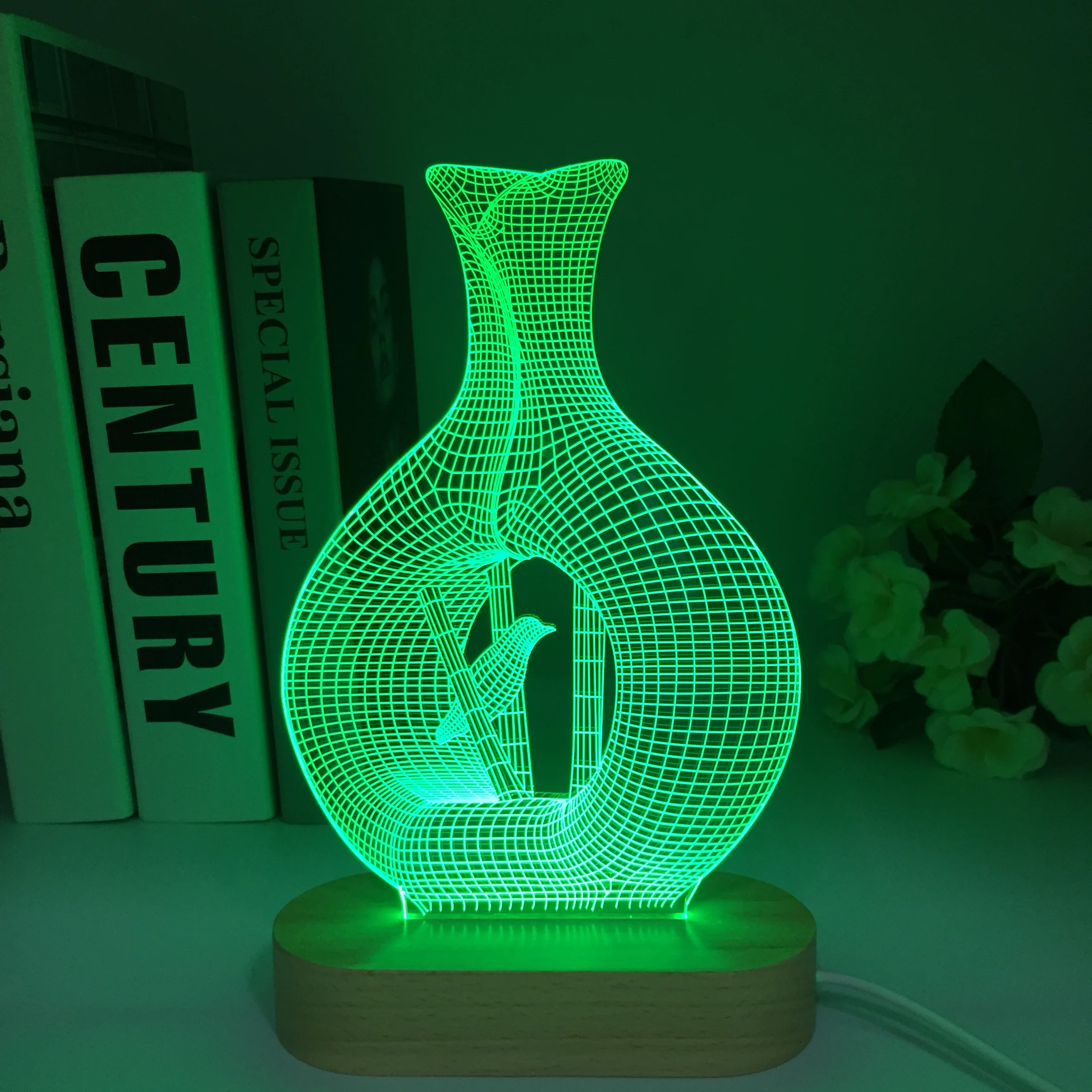 

Wooden Bottle With Standing Bird 3D Lamp Visual Illusion Acrylic Light Guide Plate Night Light for Festival Birthday Gifts