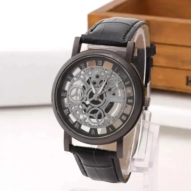 Reloj mecánico de imitación a la moda para hombre, relojes con esqueleto ahuecados, relojes de pulsera de cuarzo con banda de cuero, reloj Masculino