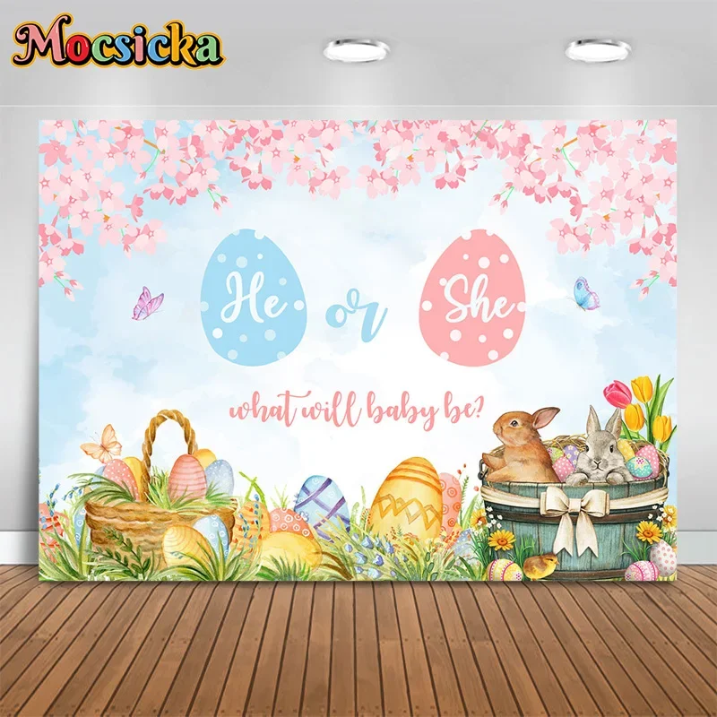 

Mocsicka Easter Party Photography Background What Will Baby Be Floral Bunny Backdrop Gender Reveal Baby Show Photo Banner Studio
