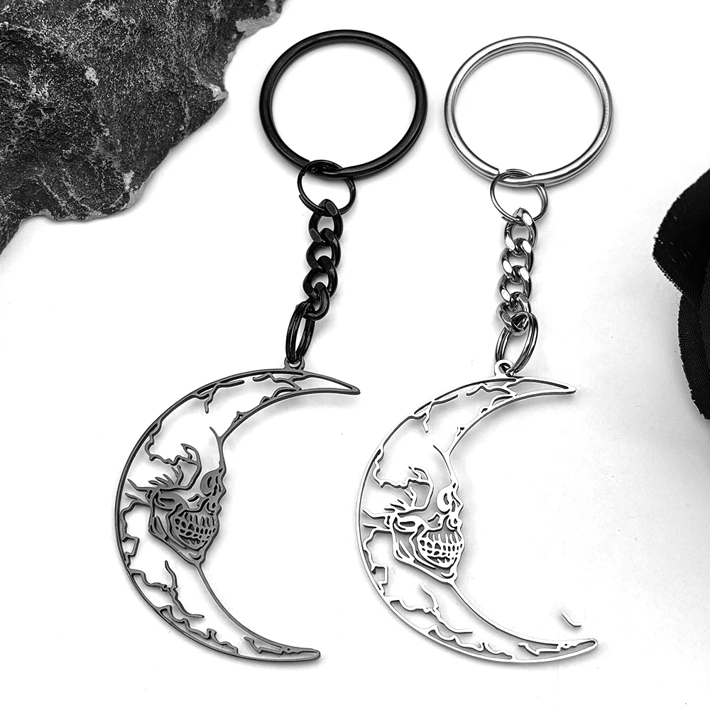 

Fashion Hollow Moon Skull Keychains For Women Men Stainless Steel Silver Color Gothic Punk Crescent Moon Key Chain Jewelry