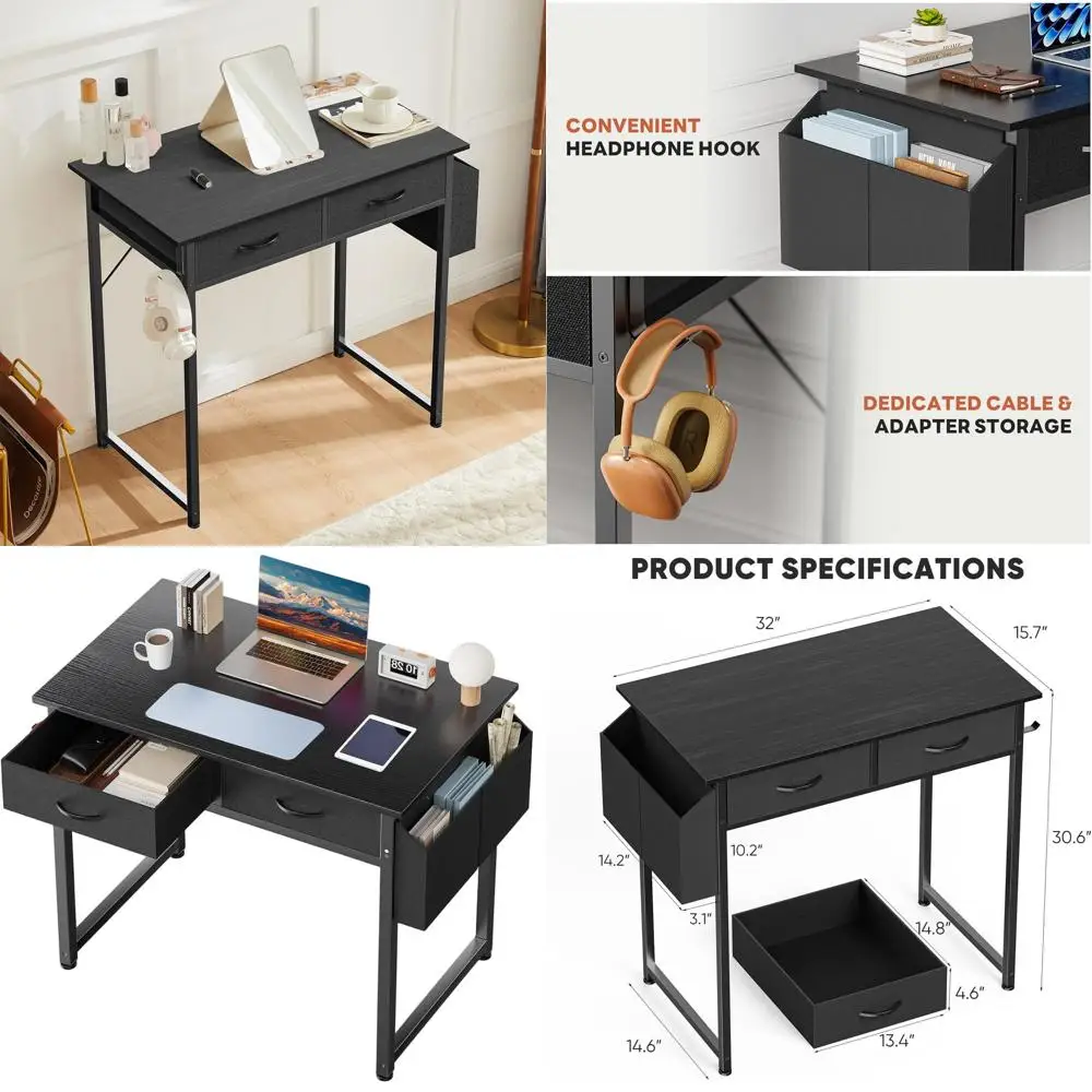 

Компактный черный домашний офисный стол 32x32 дюйма с местом для хранения, ящиками и крючком для наушников для игр и учебы