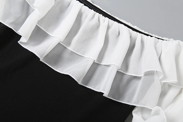 Weird Puss Elegantes, gestuftes Kleid für Damen, Herbstmode, Mesh-Patchwork, ausgeschnittener Ausschnitt, Glockenärmel, unregelmäßiger Saum, Party, sexy, figurbetont – Detail 7