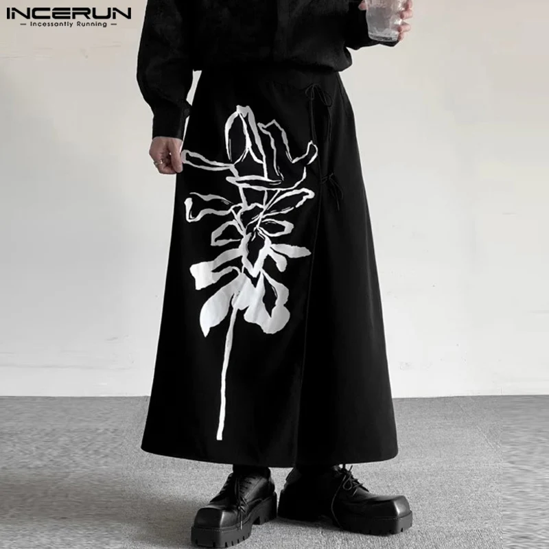 INCERUN 2024 Chinese Style Men\'s Personality Trousers Wrap Style Print Pantalons Casual Fashionable Male Half Skirts Pants S-5XL