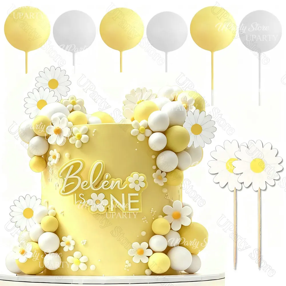 50Pcs Boho Cake Toppers Blush Pink Yellow Balls Daisy Flowers Cake Toppers for Groovy Birthday Baby Shower Party Cake Decoration