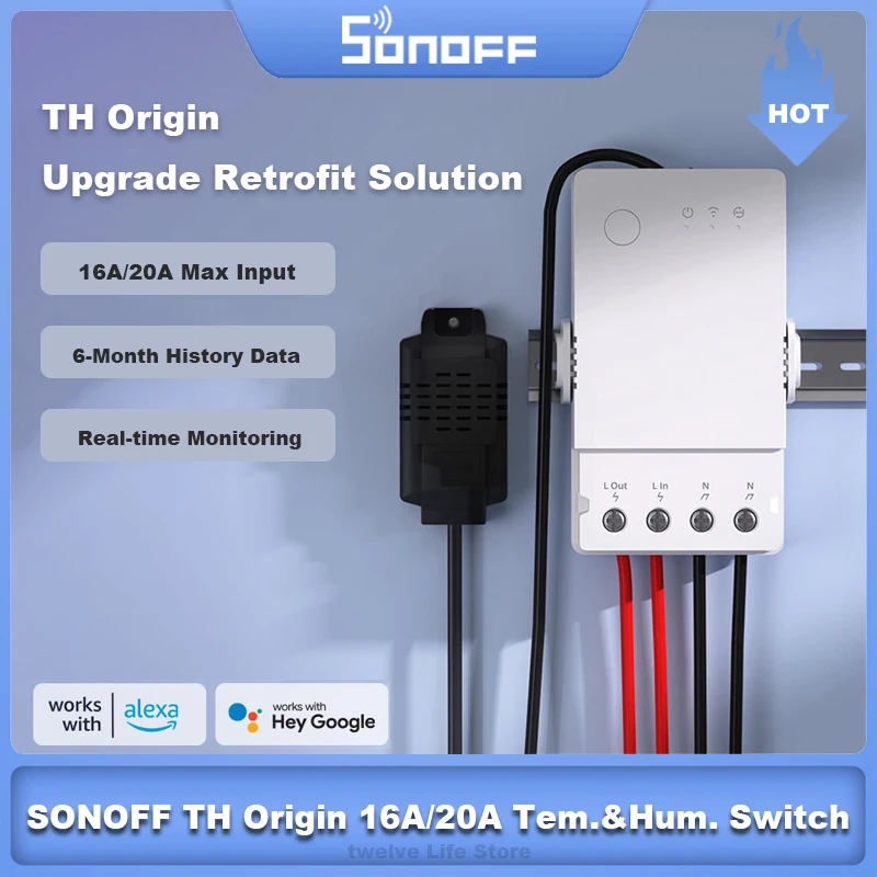 

Умный переключатель SONOFF TH Origin, 16 А/20 А, Wi-Fi, с монитором температуры и влажности