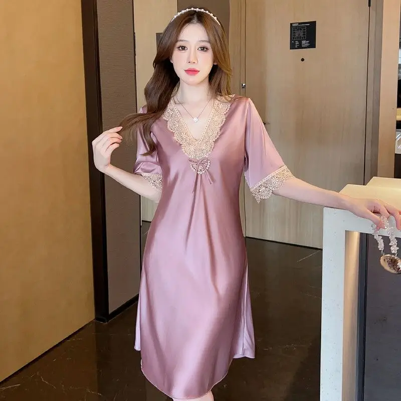 Ice Silk Pajamas Women Lace Nightgown Sexy Night Wears for Ladies Sleepwear Summer Homewear Luxury Clothing Night Gown New