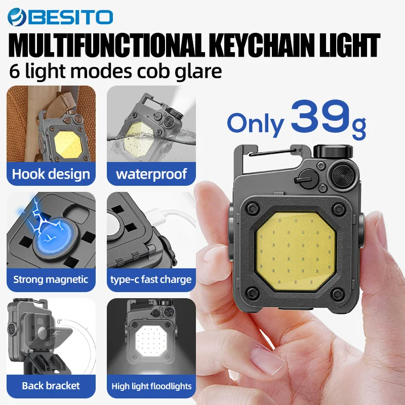 BESITO Outdoor Emergency Flashlight Mini Keychain Light Multi-Speed Adjustable USB Rechargeable COB Large Floodlight