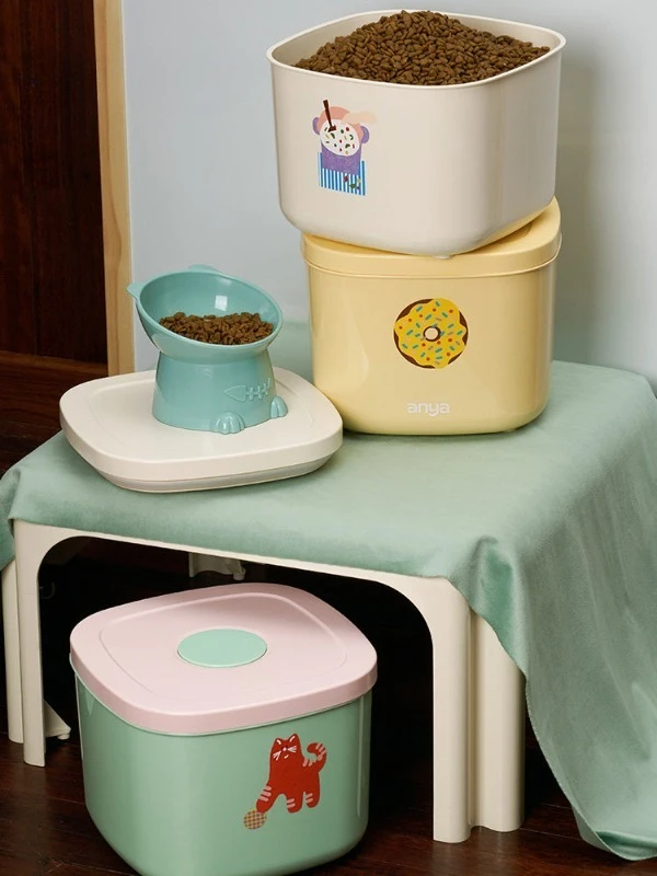 5.6LMacaron Color Scheme Push Button Switch Storage Tank Cat Food Dog Food Sealed Moisture Proof Storage Bucket Pet Supplies