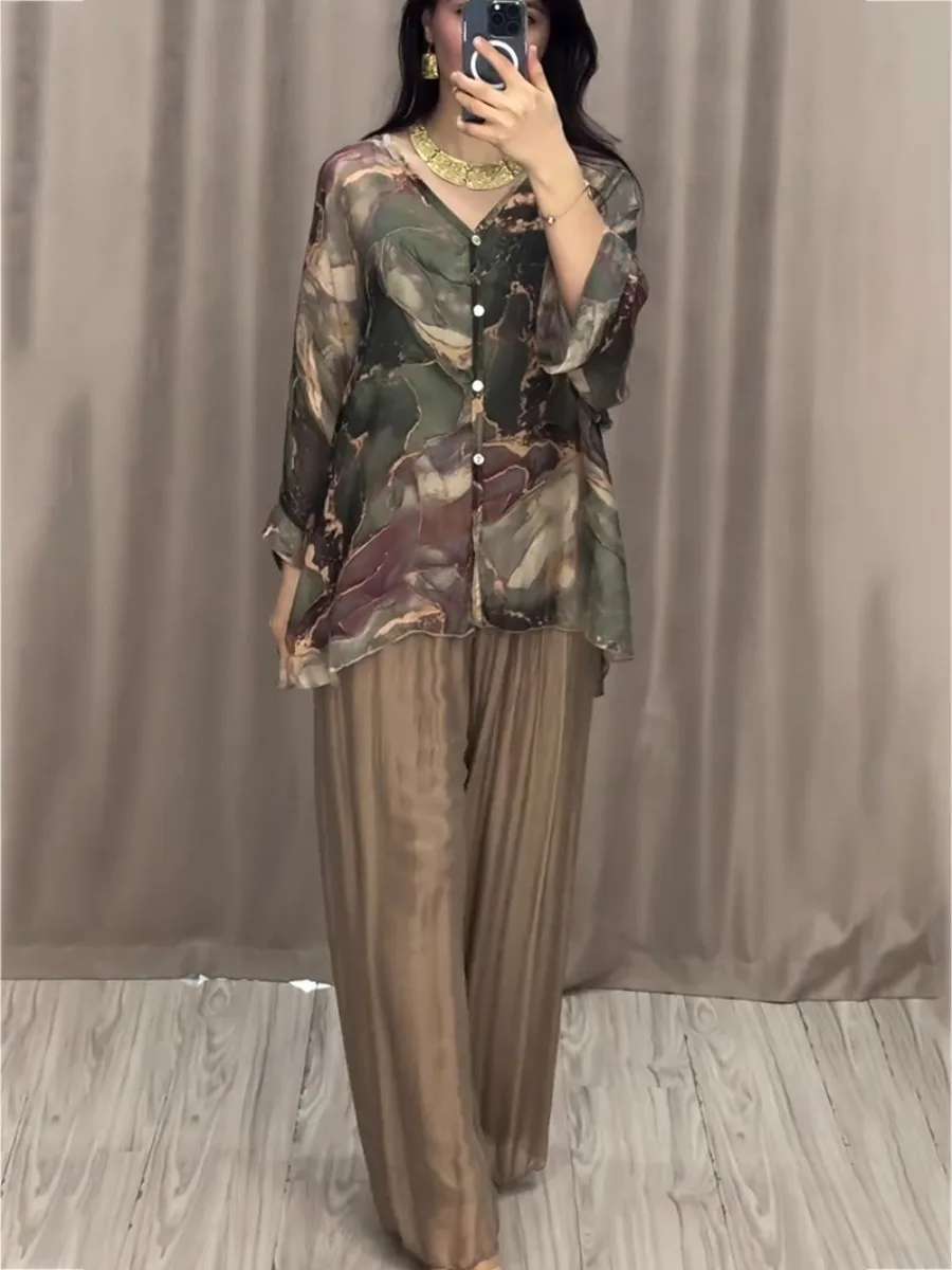 Casual Muslim Set for Women Blouse 2 Piece Set Long Sleeve Shirt Wide Leg Pant Suits Saudi Arabic Dubai Dresses Eid Ramadan 2024