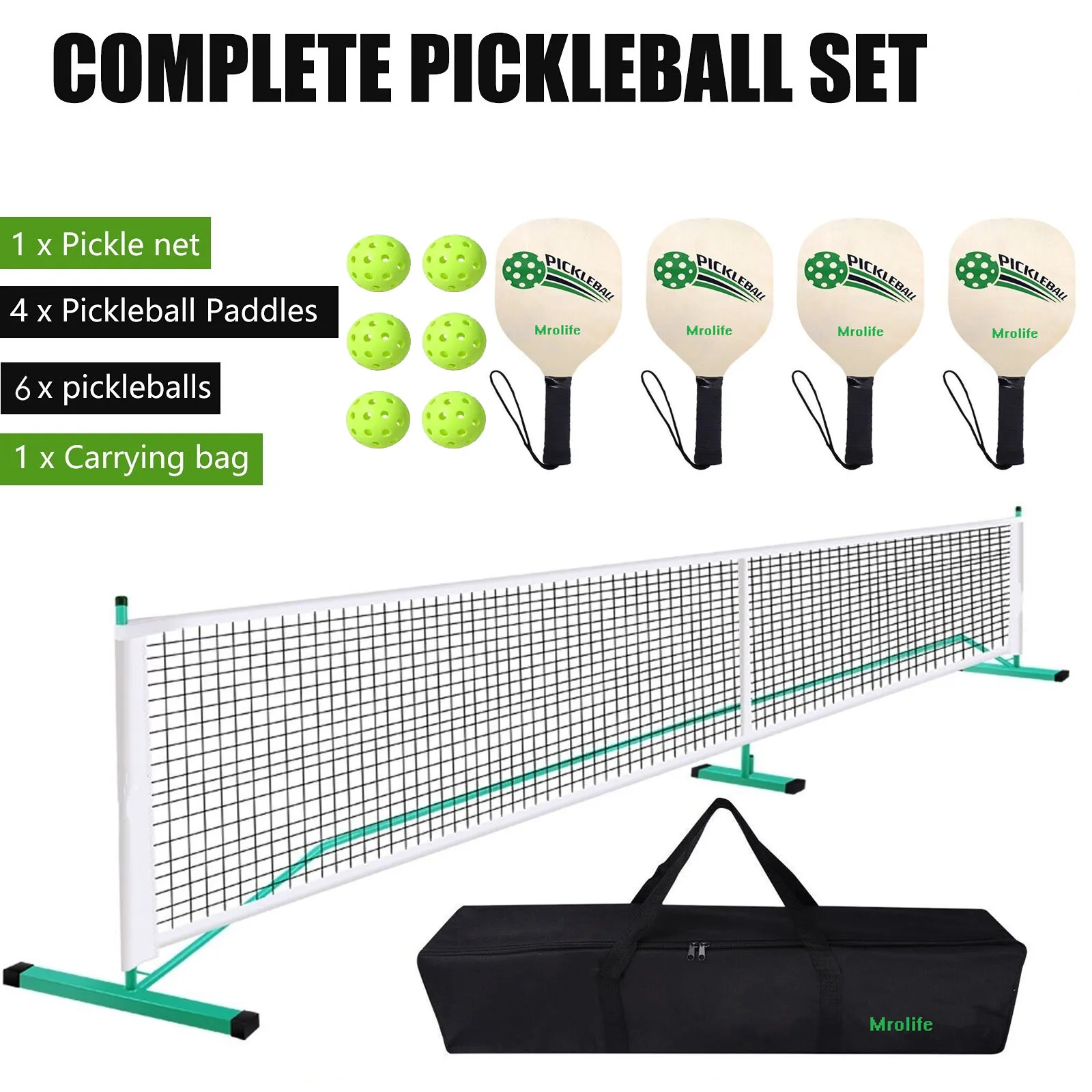 

Portable Pickleball Net System 22FT W/4 Paddles 6 Pickleballs Full Court Official Regulation Size Pickle Ball Game Bundle Set