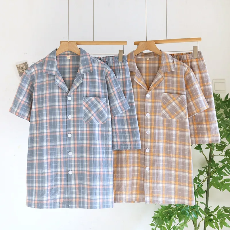 

Pure Cotton Pajamas Men's Summer Short-sleeved Shorts Simple Plaid Sleepwear Turn-down Collar Casual Loose Loungewear Set
