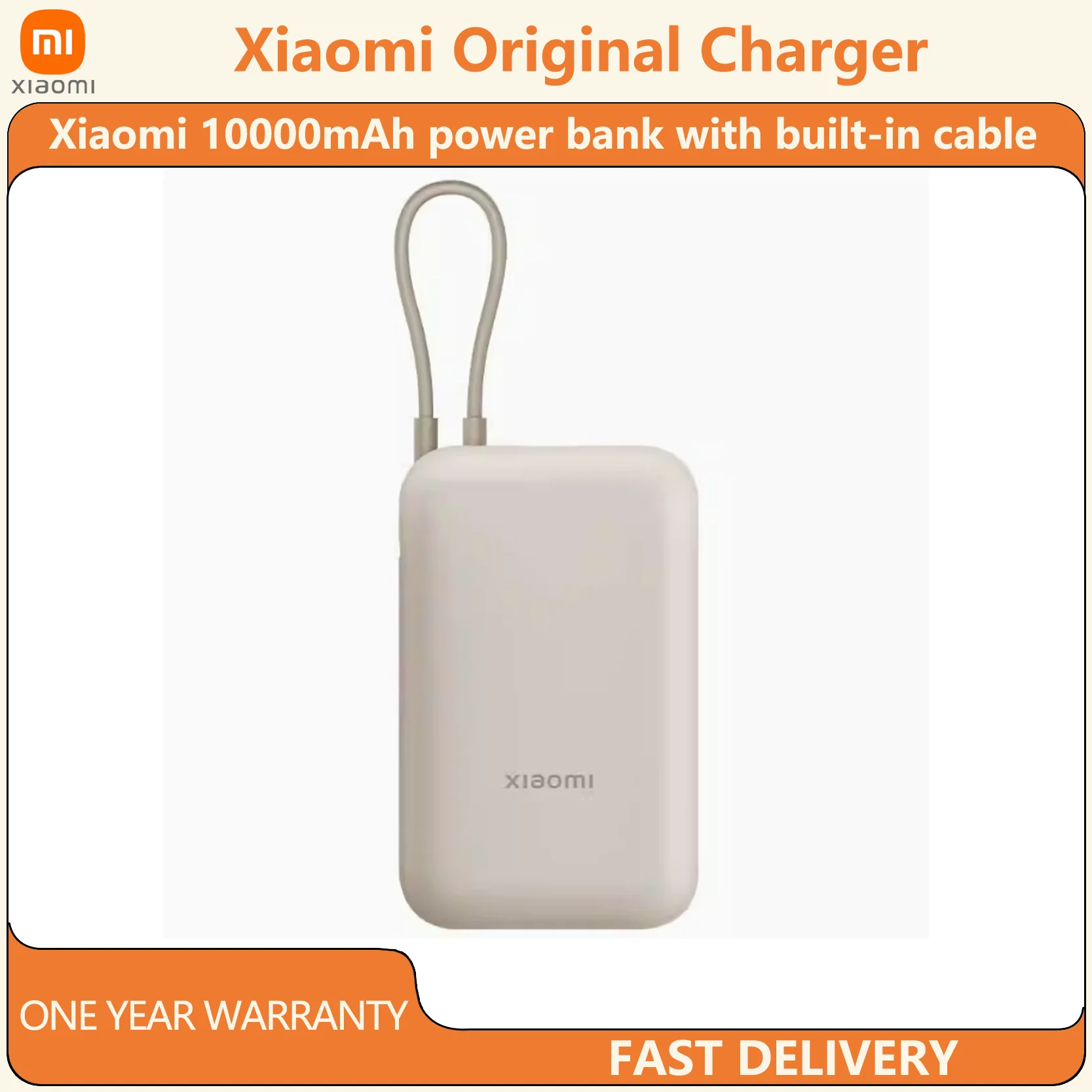 باور بانك Xiaomi بقدرة 10000 مللي أمبير في الساعة مع كابل شحن سريع مدمج ورفيع للغاية وصغير الحجم وسعة كبيرة للغاية ومحمول يعمل بنظام Android Apple