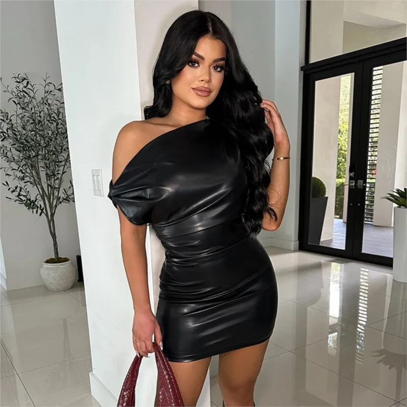 Robe de soirée en Faux cuir Pu pour femmes, couleur unie, Sexy, sans manches, Slim, élastique, jupe t-shirt, Tube, Mini robe courte