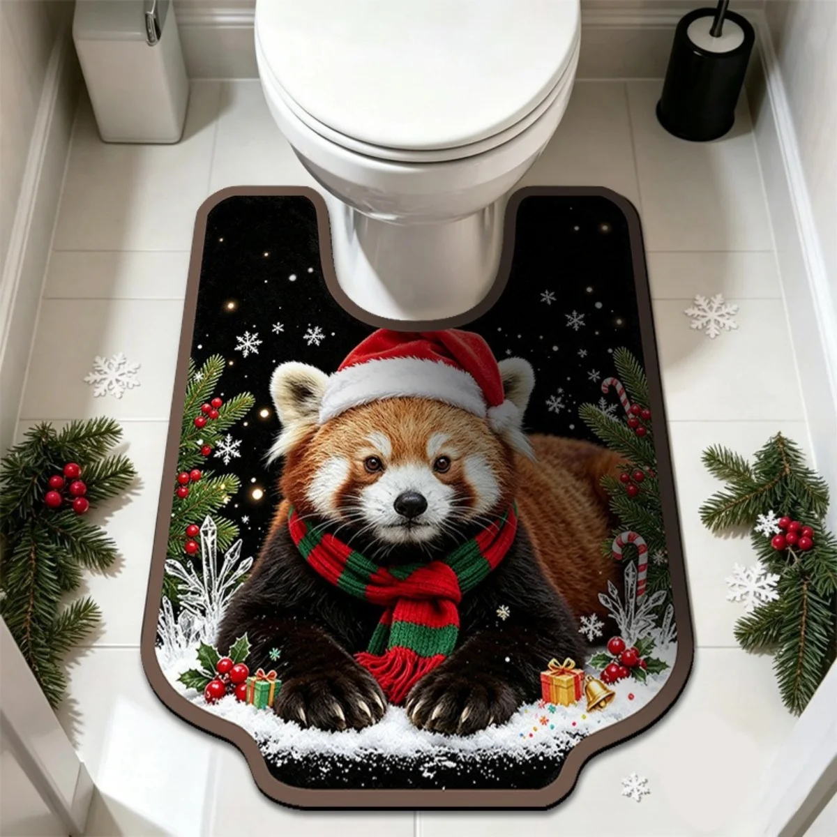 B16 Christmas Cat Toilet Floor Mat Festive U-shaped Bathroom Rug Creative Home Decor Entryway Carpet Holiday Housewarming Gift