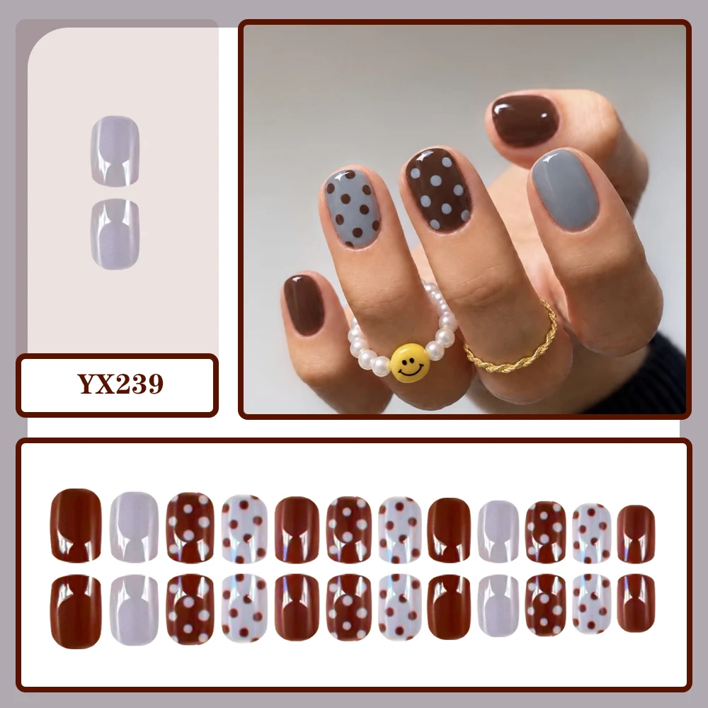 Brown Gray Short Square Press on Nails Retro Polka Dot Fake Nails Minimalist Solid Color Reusable False Nails for Women Daily