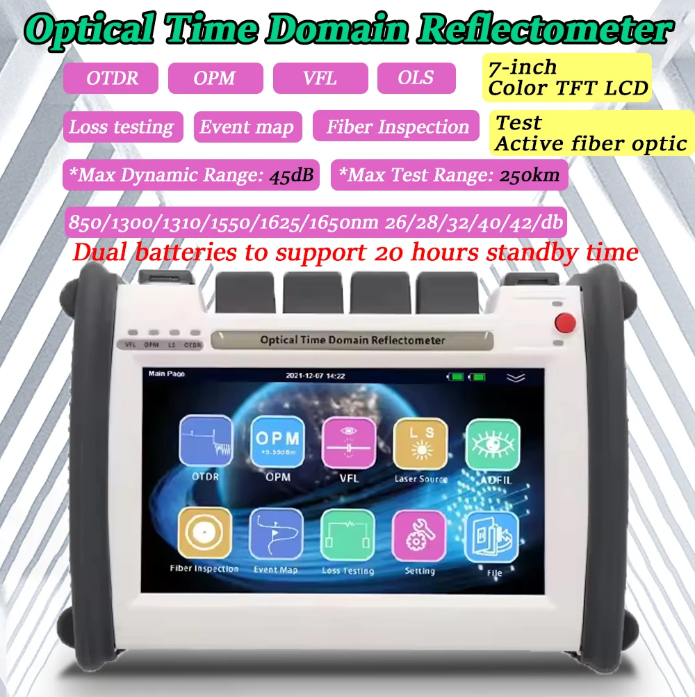 

HJ2200 NEW OTDR Test Active Fiber Optic 1310/1550/1625/1650nm Optical Time Domain Reflectometer 42/40/32db 7-inch color TFT LCD