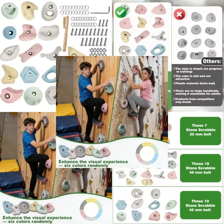 Rock climbing holds for indoor and outdoor walls, polyurethane, gray, ergonomic design with full T-nut hardware kit for wood wa