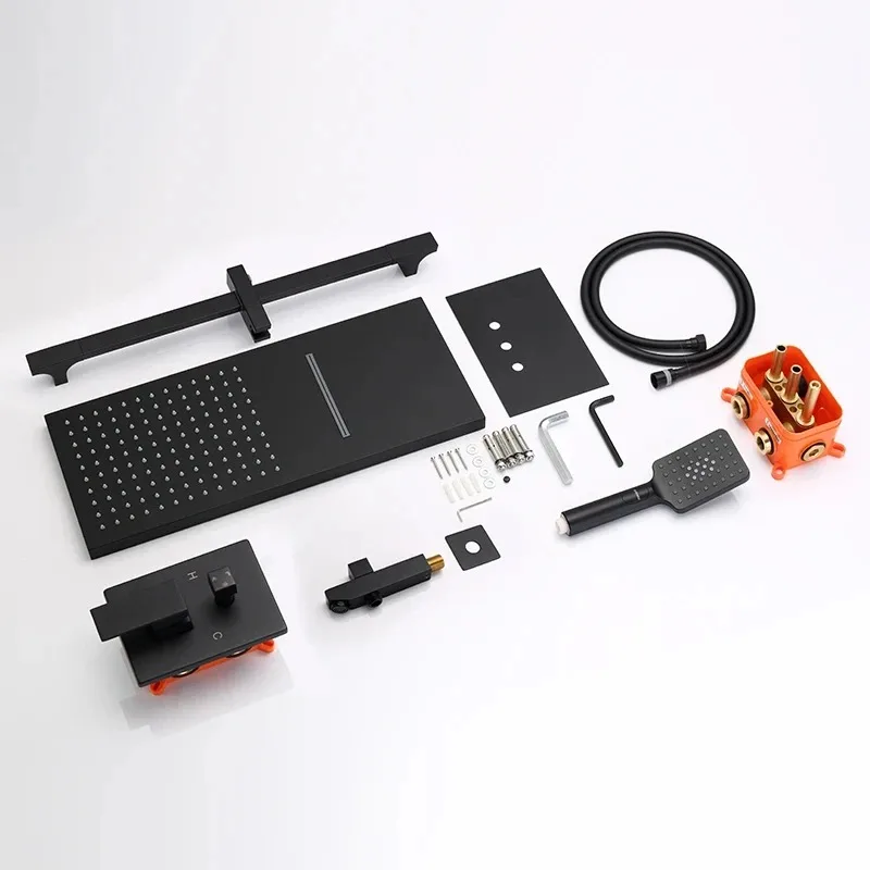 صنابير حوض الاستحمام الأسود حمام المطر دش جدار أخفى الحمام الحنفيات دش مجموعة صنبور خلاط أسود خلاط مجموعة رافعة #5