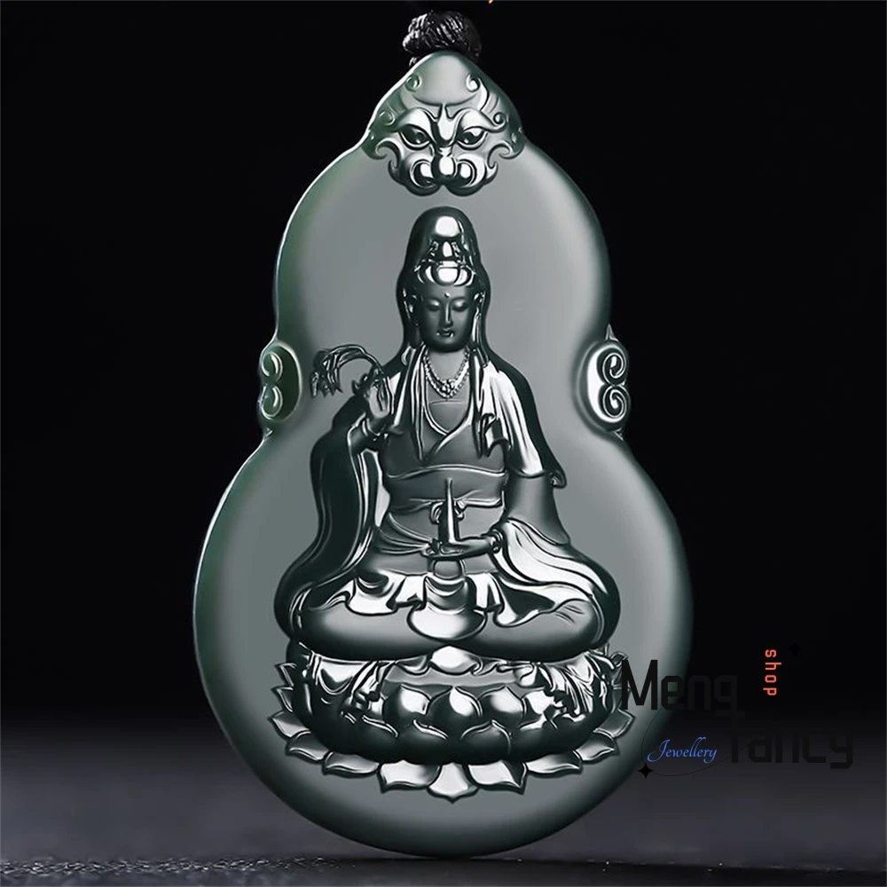 Natural Hetian Green Jade Fine Material Gourd Guanyin Buddha Guardian Pendant Double-sided Engraving High-grade Fashion Jewelry