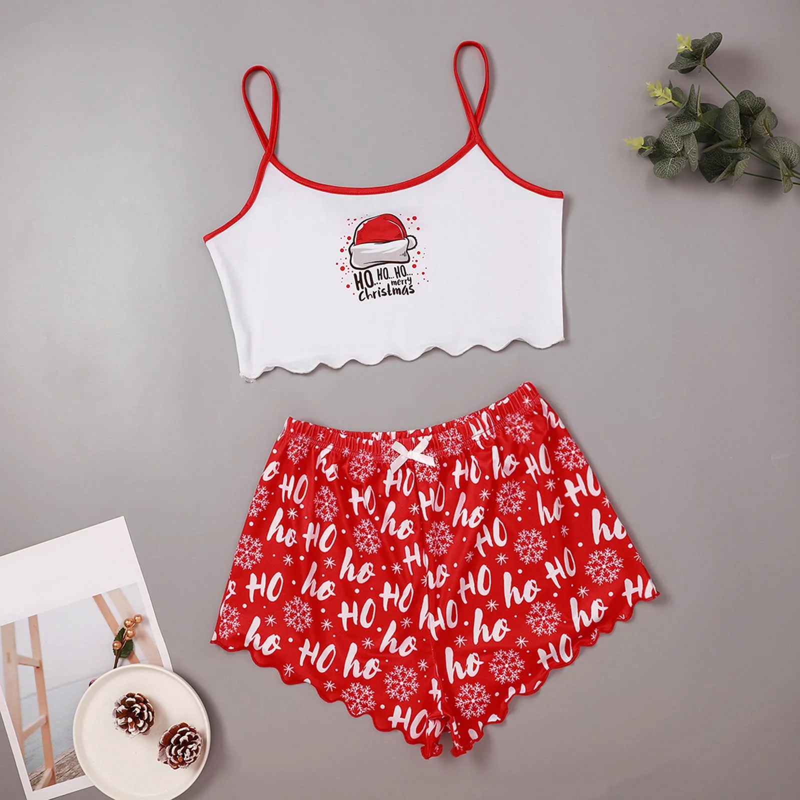 Women Sleepwear Christmas Print Short Set Pajamas Summer Sweet Sleeveless Pyjamas V-Neck Top & Shorts Homewear Xmas Pijama