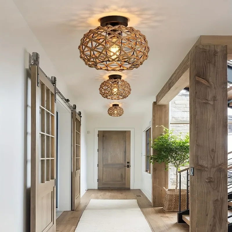 Chic Hemp Rope Ceiling Light - Woven Rattan Wicker Accents - Semi Flush Mount Retro Fixture for Kitchen Bedroom Hallway