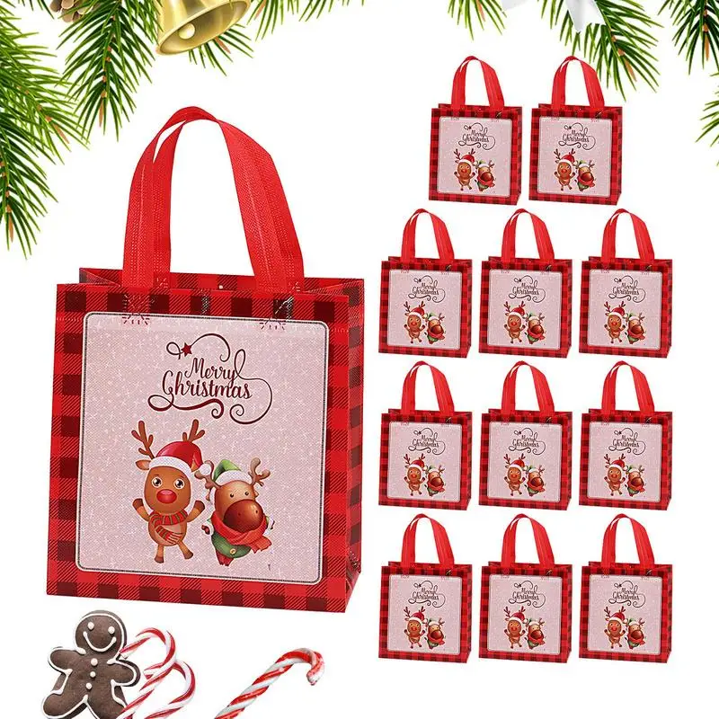 Reusable Christmas Bags 12 Pack Non-Woven Christmas Party Treat Bag Reusable Retro Large Grocery Shopping Bag For Wrapping