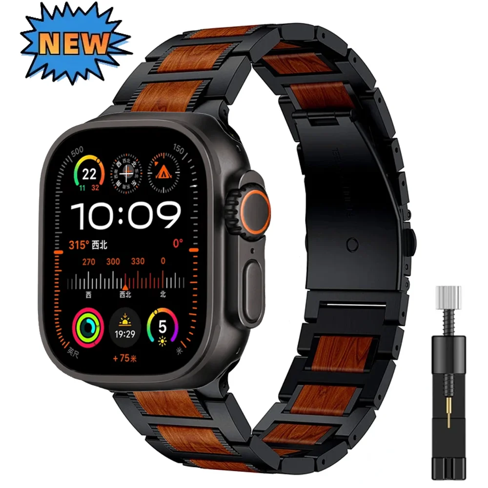 

Деревянный ремешок для Apple Watch Ultra 2 10 9 8 7 6 5 4 SE Браслет из нержавеющей стали iWatch 49 мм 46 мм 42 мм 40 мм 44 мм 41 мм 45 мм Ремешок