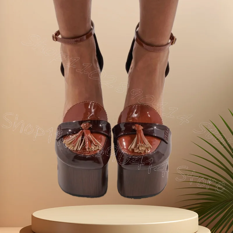 

Brown Tassels Wooden Strange Style Heels Pumps Buckle Strap Women Shoes Round Toe Party Banquet Dating 2026 Zapatos Para Mujere