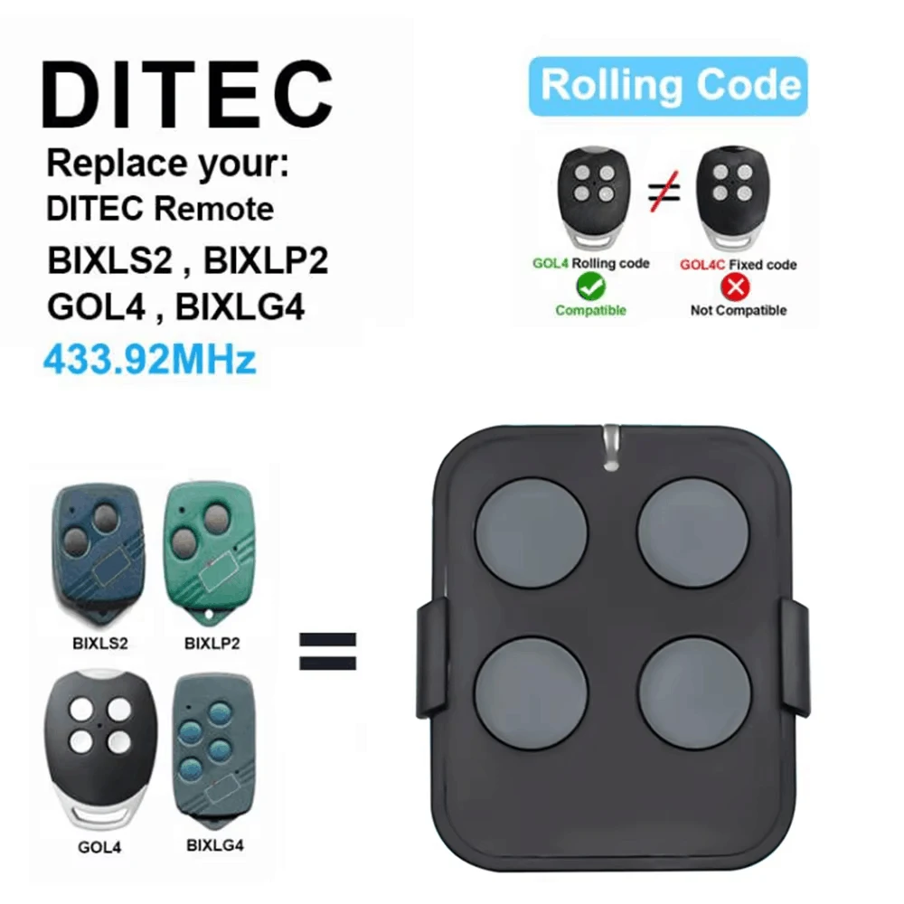 For DITEC BIXLS2 BIXLP2 GOL4 BIXLG4 Rolling Code Remote Control Ditec GOL Fixed Code Garage Opener Door Command Transmitter