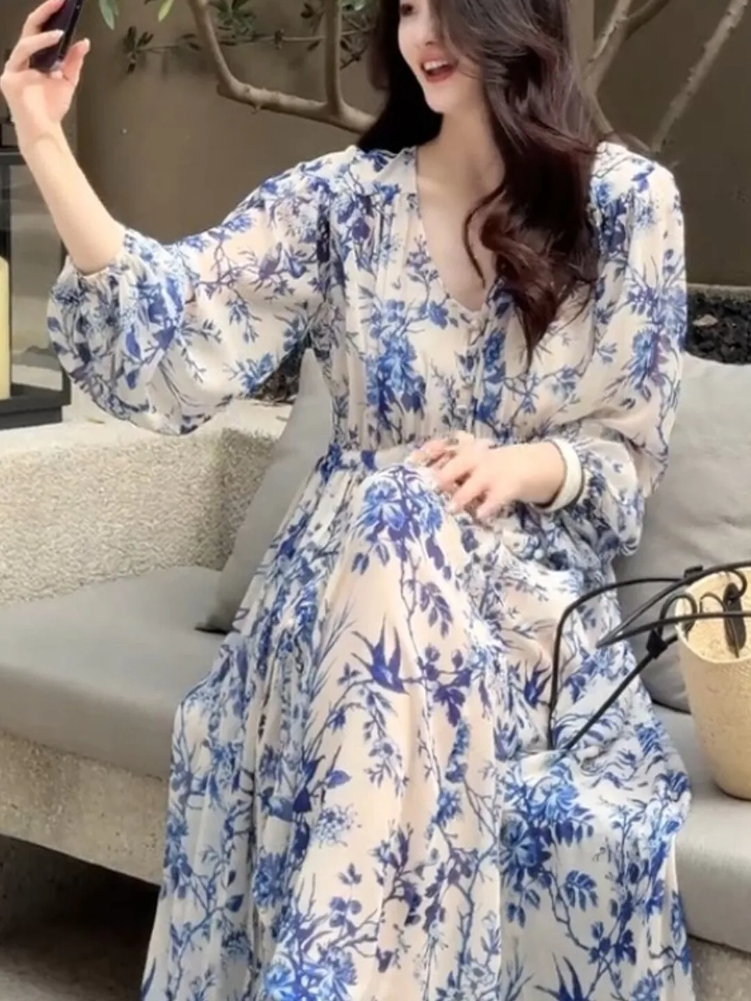 

Spring V-neck Blue Floral Print Chiffon Dress French Style High Waist A-line Long Skirt Elegant Ageless Gentle Summer Vacatio...
