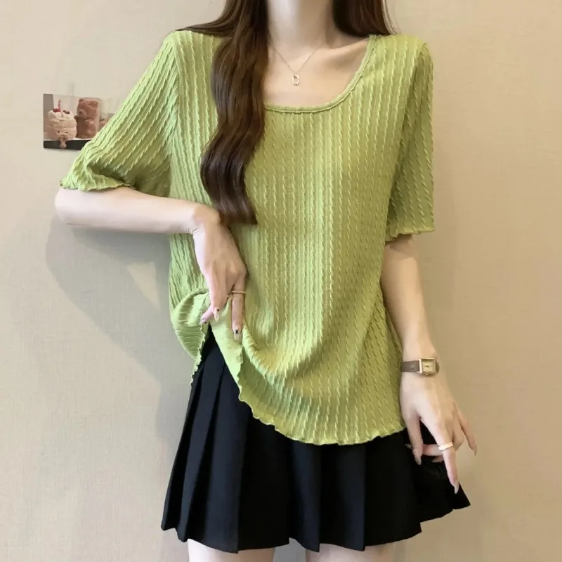 Women's Lime Green Textured Knit T-shirt Casual Loose Half Sleeve Square Neck Top