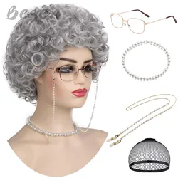 Synthetic Old Lady Costume Wig Women 100 Days of School Costume Grandma Granny Wig Short Curly Grey Wig for Halloween Cosplay